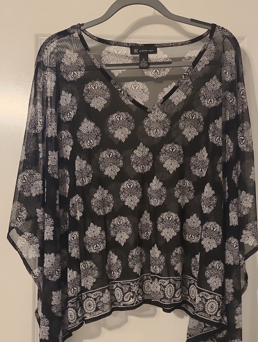 INC International Concepts Black Sheer V-Neck Paisley Print Sheer Blouse
